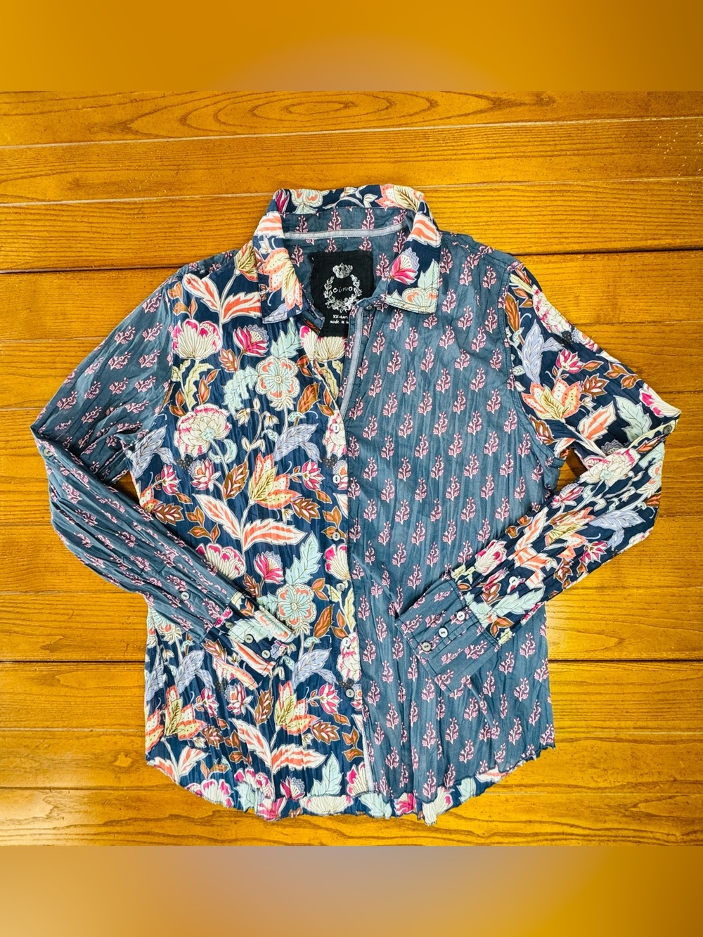 Cino Floral Block Print Button-Up Shirt — Crinkle Cotton — XXL